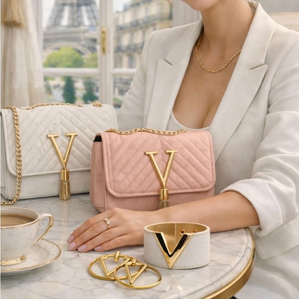 New - Women’s Handbag, White Leather Bracelet and Gold Earring Set